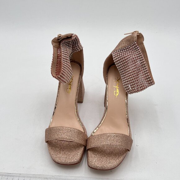 XYD Gold Studded Rhinestone Sandal Chunky Heel Elastic Wide Ankle Strap Shoes - Picture 3 of 8